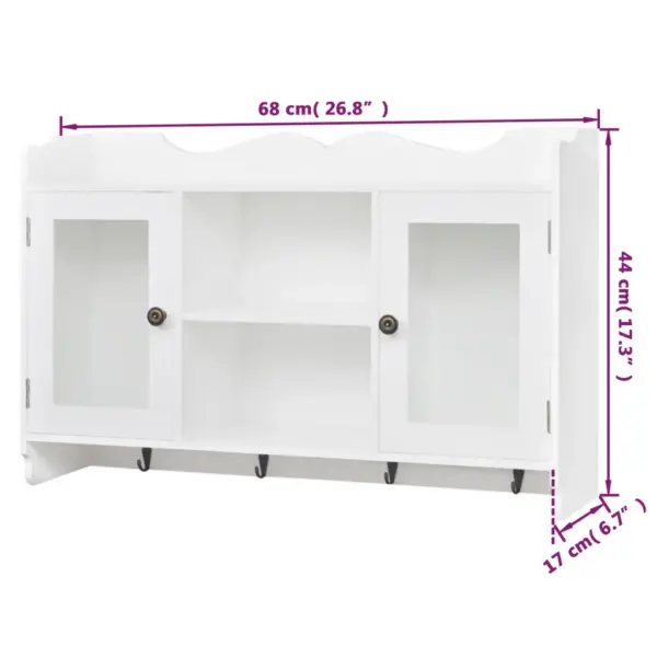 Valge MDF seinavitriinkapp klaasuste ja konksudega, 68 x 17 x 44 cm - 8