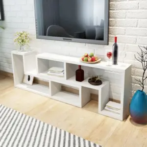 Valge modulaarne telerialus kahe L-kujulise riiuliga, MDF ja puitlaastplaat, ühe elemendi mõõdud 120 x 30 x 56,4/28 cm