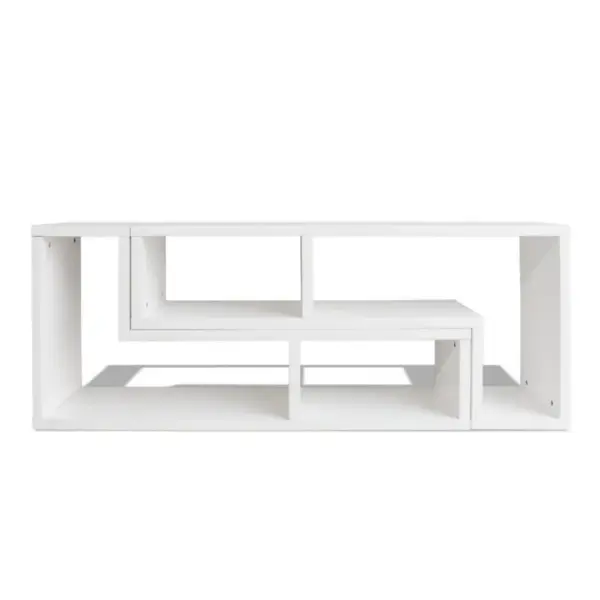 Valge modulaarne telerialus kahe L-kujulise riiuliga, MDF ja puitlaastplaat, ühe elemendi mõõdud 120 x 30 x 56,4/28 cm – 4
