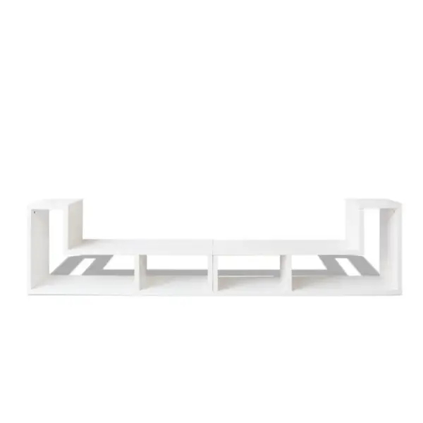 Valge modulaarne telerialus kahe L-kujulise riiuliga, MDF ja puitlaastplaat, ühe elemendi mõõdud 120 x 30 x 56,4/28 cm – 5