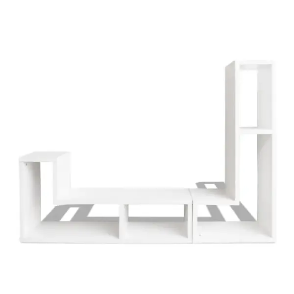 Valge modulaarne telerialus kahe L-kujulise riiuliga, MDF ja puitlaastplaat, ühe elemendi mõõdud 120 x 30 x 56,4/28 cm – 6
