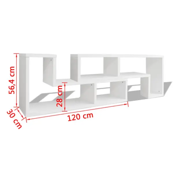Valge modulaarne telerialus kahe L-kujulise riiuliga, MDF ja puitlaastplaat, ühe elemendi mõõdud 120 x 30 x 56,4/28 cm – 7