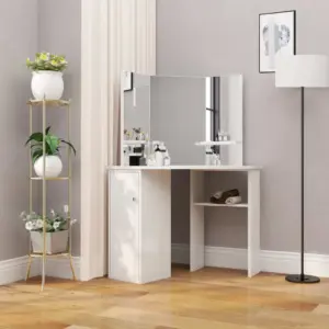 Nurga tualettlaud kolmepeegliga, valge MDF ja melamiin, 111 x 54 x 141,5 cm