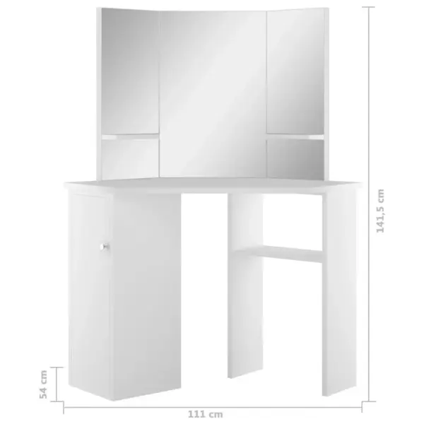 Nurga tualettlaud kolmepeegliga, valge MDF ja melamiin, 111 x 54 x 141,5 cm – 10