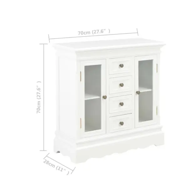 Valge puhvetkapp 4 sahtli ja 2 akrüülklaasist uksega, MDF ja männipuit, 70 x 28 x 70 cm – 10