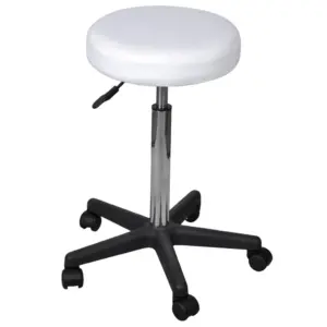 Valge reguleeritav kontoritool ratastel, ümar iste 64–84 cm