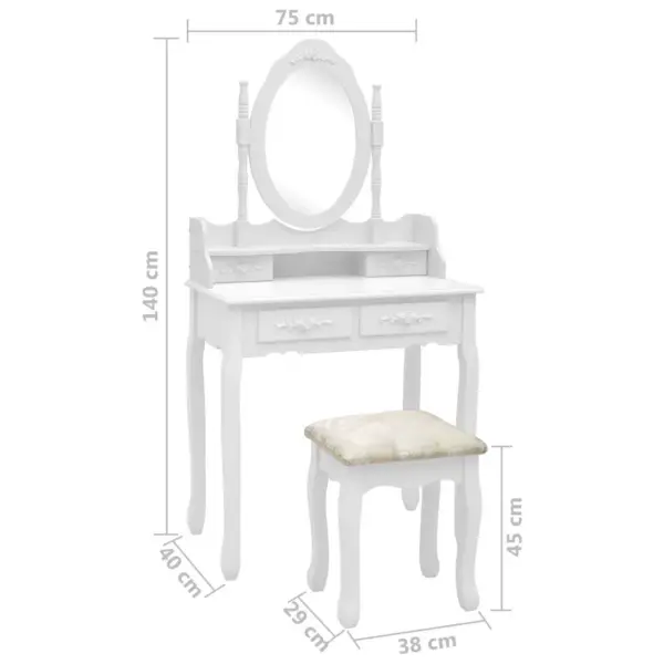 Valge tualettlaud peegliga ja taburetiga, 4 sahtlit, Paulownia puit, 75 x 69 x 140 cm – 11