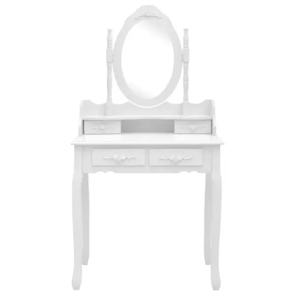 Valge tualettlaud peegliga ja taburetiga, 4 sahtlit, Paulownia puit, 75 x 69 x 140 cm – 3
