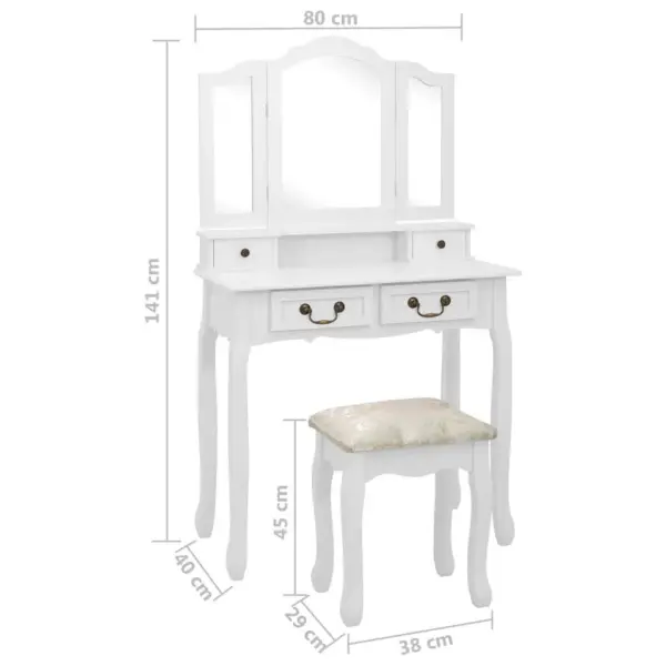 Valge tualettlaud taburetiga, Paulownia puit, 4 sahtlit ja 3 peeglit, 80 x 69 x 141 cm - 12