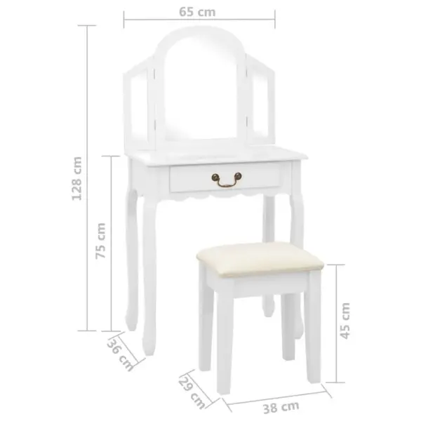 Valge tualettlaud ovaalse peegli ja taburetiga, Paulownia puit ja MDF, 65 x 36 x 128 cm – 11