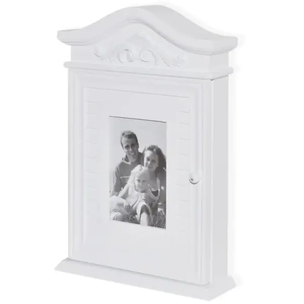 Seinale kinnitatav võtmekapp klaasist fotoraamiga, valge MDF ja männipuit, 22,5 x 6,5 x 34,5 cm – 2