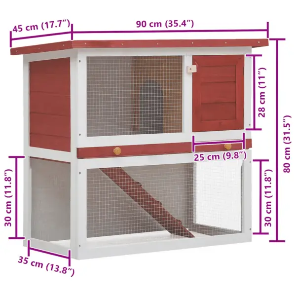 2-korruseline väliküülikupuur kaldtee ja väljatõmmatava alusega, punane-valge männipuit, 90 x 45 x 80 cm – 8