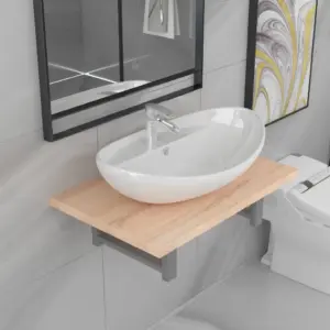 2-osaline vannitoa seinariiuli ja ovaalse keraamilise valamu komplekt, tamm, 60 cm