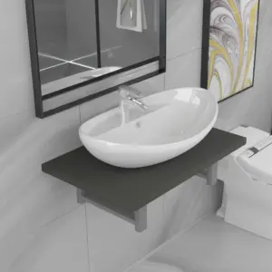 Kaheosaline vannitoamööbli komplekt seinariiuli ja ovaalse keraamilise valamuga, hall, 60 cm