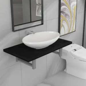 Kaheosaline vannitoamööbli komplekt seinariiuli ja ovaalse keraamilise valamuga, must, riiul 60 cm