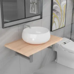 Kaheosaline vannitoamööbli komplekt seinariiuli ja ümmarguse keraamilise valamuga, tamm/valge, 60 cm