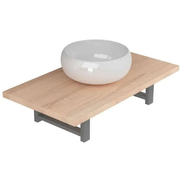 Kaheosaline vannitoamööbli komplekt seinariiuli ja ümmarguse keraamilise valamuga, tamm/valge, 60 cm – 2