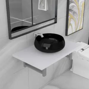Kaheosaline vannitoamööbli komplekt seinariiuli ja ümmarguse valamuga, valge riiul 60 cm, must keraamiline valamu 40 cm