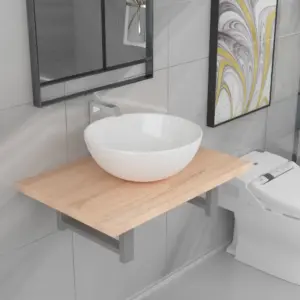 2-osaline vannitoamööbli komplekt seinariiuli ja ümmarguse keraamilise valamuga, tamm/valge, 60 cm
