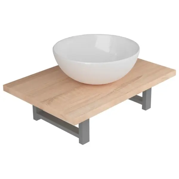 2-osaline vannitoamööbli komplekt seinariiuli ja ümmarguse keraamilise valamuga, tamm/valge, 60 cm – 2