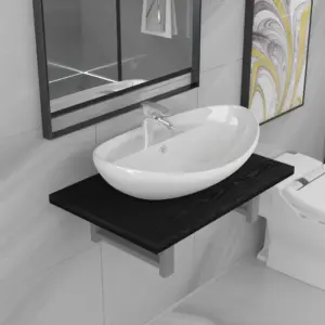 Kaheosaline vannitoariiuli ja ovaalse valamuga komplekt, must seinariiul, valge keraamiline valamu, 60 cm