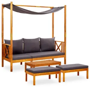 Varikatusega akaatsiapuidust aiapink lauaga ja jalatugedega, tumehallid padjad, 179 x 66 x 180 cm