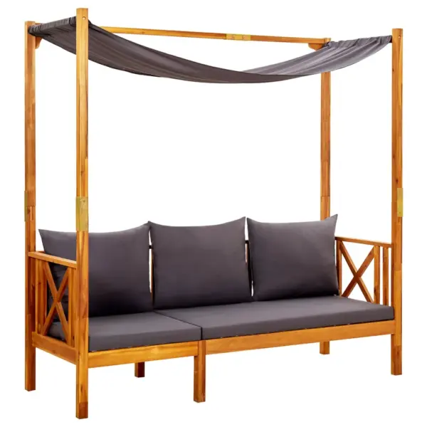 Varikatusega akaatsiapuidust aiapink lauaga ja jalatugedega, tumehallid padjad, 179 x 66 x 180 cm – 2