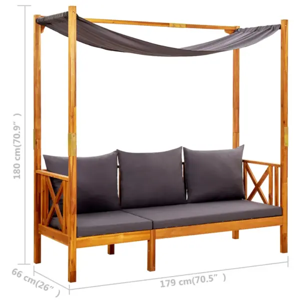 Varikatusega akaatsiapuidust aiapink lauaga ja jalatugedega, tumehallid padjad, 179 x 66 x 180 cm – 10