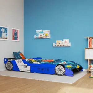 Sinine võidusõiduauto kujuga lastevoodi küljepiiretega, 90 x 200 cm