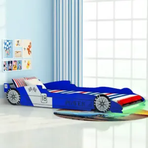 LED-valgustusega võidusõiduauto kujuga lastevoodi 90 x 200 cm, sinine
