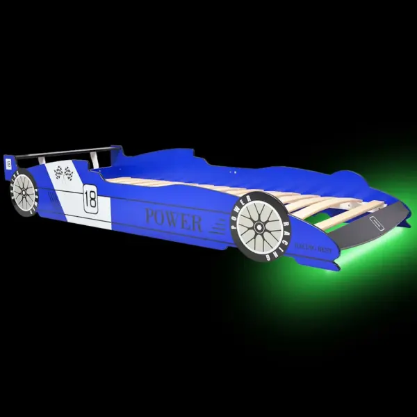 LED-valgustusega võidusõiduauto kujuga lastevoodi 90 x 200 cm, sinine – 3