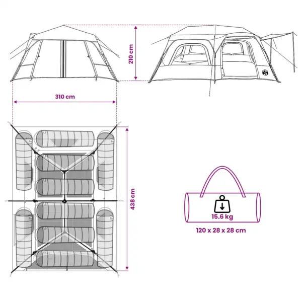 Kiirpaigaldatav 10-kohaline telk, sinine, 185T polüester PU-kattega, 438 x 310 x 200 cm – 13