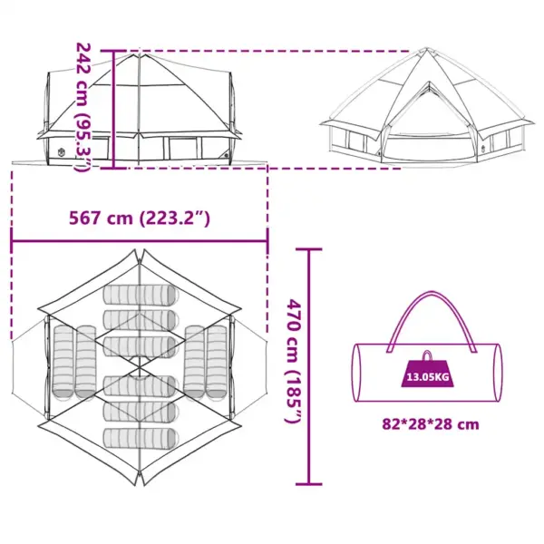 Teepee telk 10 inimesele, roheline-valge, 185T polüester, 567 x 470 x 242 cm – 12