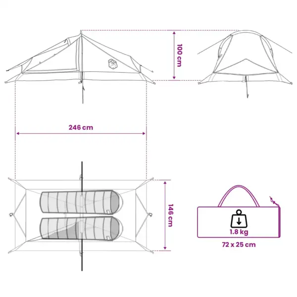 Kerge 2-inimese seljakotitelk, pruun-hall, 185T polüester, 246 x 146 x 100 cm – 12