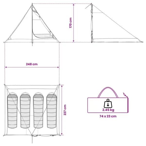 4-kohaline pruun-hall seljakotitelk, 185T polüester PU-kattega, 248 x 227 x 170 cm – 12