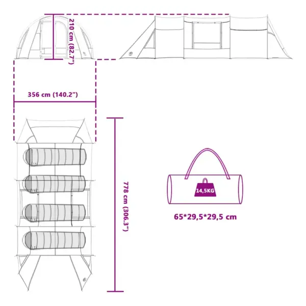 4-kohaline tunnelitelk verandaga, roheline-valge, 778 x 356 x 210 cm – 12