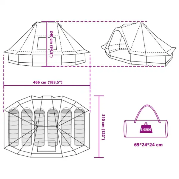 6-kohaline tipi telk E-portiga, hall ja oranž, taft, 466 x 310 x 240 cm – 12
