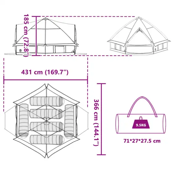 6-kohaline teepee telk, sinine ja hall, 431 x 366 x 185 cm, 185T polüester – 12