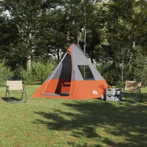 6-kohaline katusega tipi telk e-porti ja akendega, hall/oranž taft, 383 x 338 x 217 cm