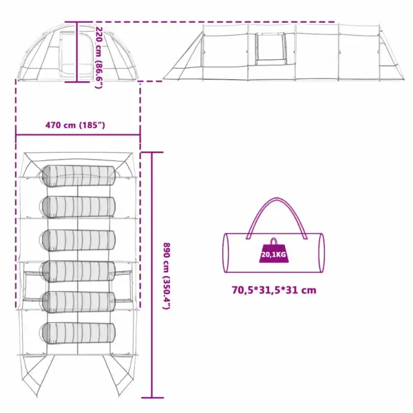 6-kohaline tunnelitelk verandaga, roheline/valge, 890 x 470 x 220 cm – 12