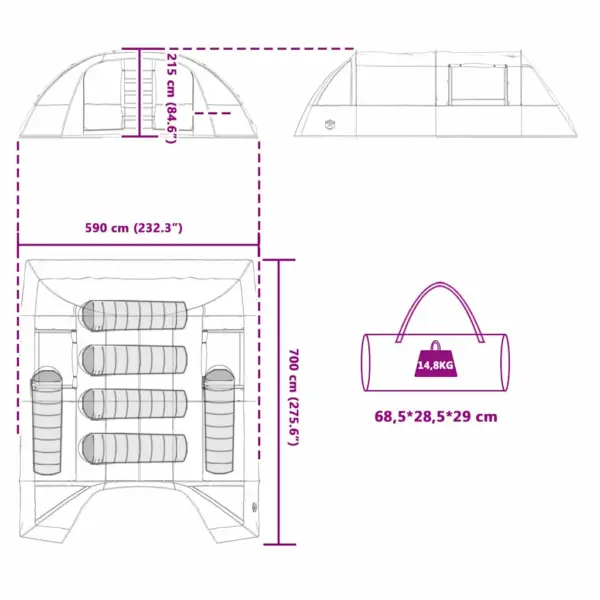 6-kohaline tunnelitelk verandaga, hall/oranž, 700 x 590 x 215 cm – 12