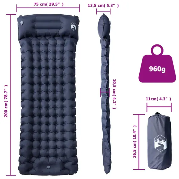 Isetäituv matkamadrats jalgpumbaga, 1 inimesele, hall, 200 x 75 x 10,5 cm – 6