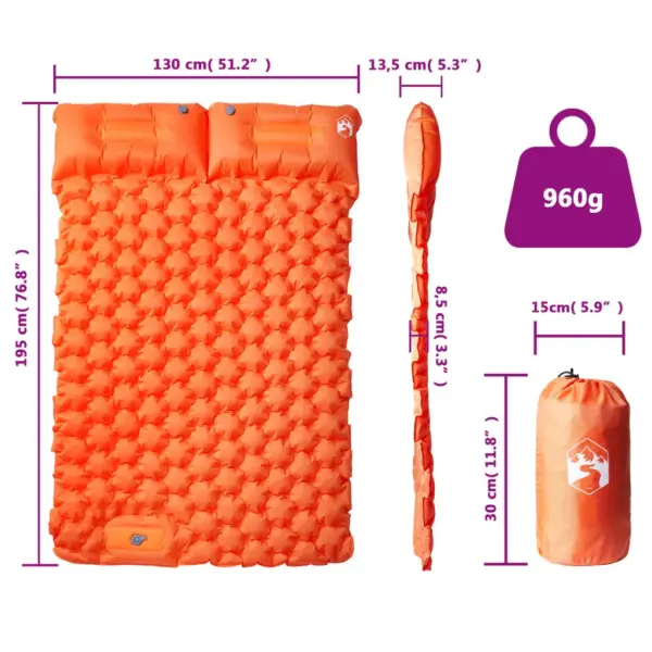 Isetäituv kahekohaline matkamadrats sisseehitatud jalgpumba ja patjadega, oranž, 195 x 130 x 8,5 cm – 6