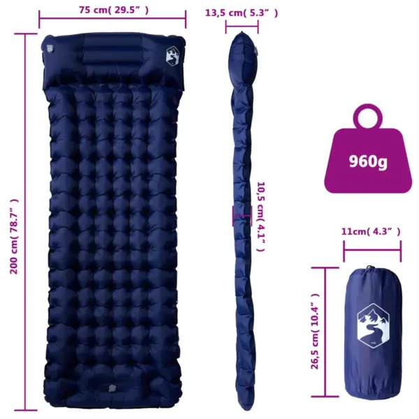 Isetäituv matkamadrats 1 inimesele jalgpumba ja padjaga, tumesinine, 200 x 75 x 10,5 cm – 6