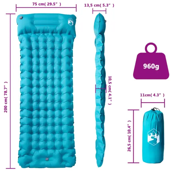 Isetäituv matkamadrats sisseehitatud jalgpumbaga ja padjaga, 1-le, sinine, 200 x 75 x 10,5 cm – 6