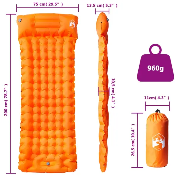 Isetäituv matkamadrats padja ja jalgpumbaga, 1 inimesele, oranž, 200 x 75 x 10,5 cm – 6