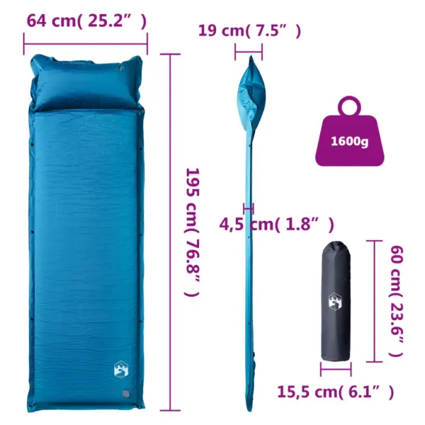 Isetäituv matkamadrats integreeritud padjaga, mäluvahuga, türkiissinine, 195 x 64 x 4,5 cm – 6