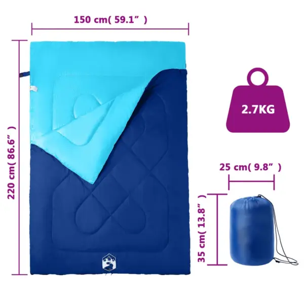 Kahekohaline 3–4 hooaja magamiskott matkamiseks patjadega, tumesinine/sinine, 220 x 150 cm, kahest magamiskotist eraldatav – 5