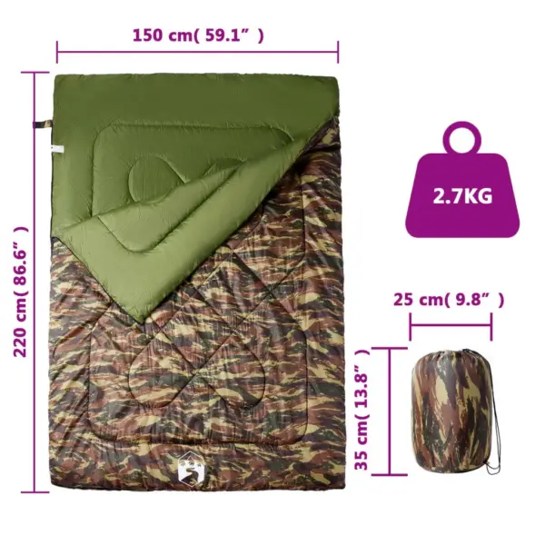 Kahekohaline magamiskott matkamiseks patjadega, kamuflaaž, 3-4 hooajaks, 220 x 150 cm, kandekotiga – 5