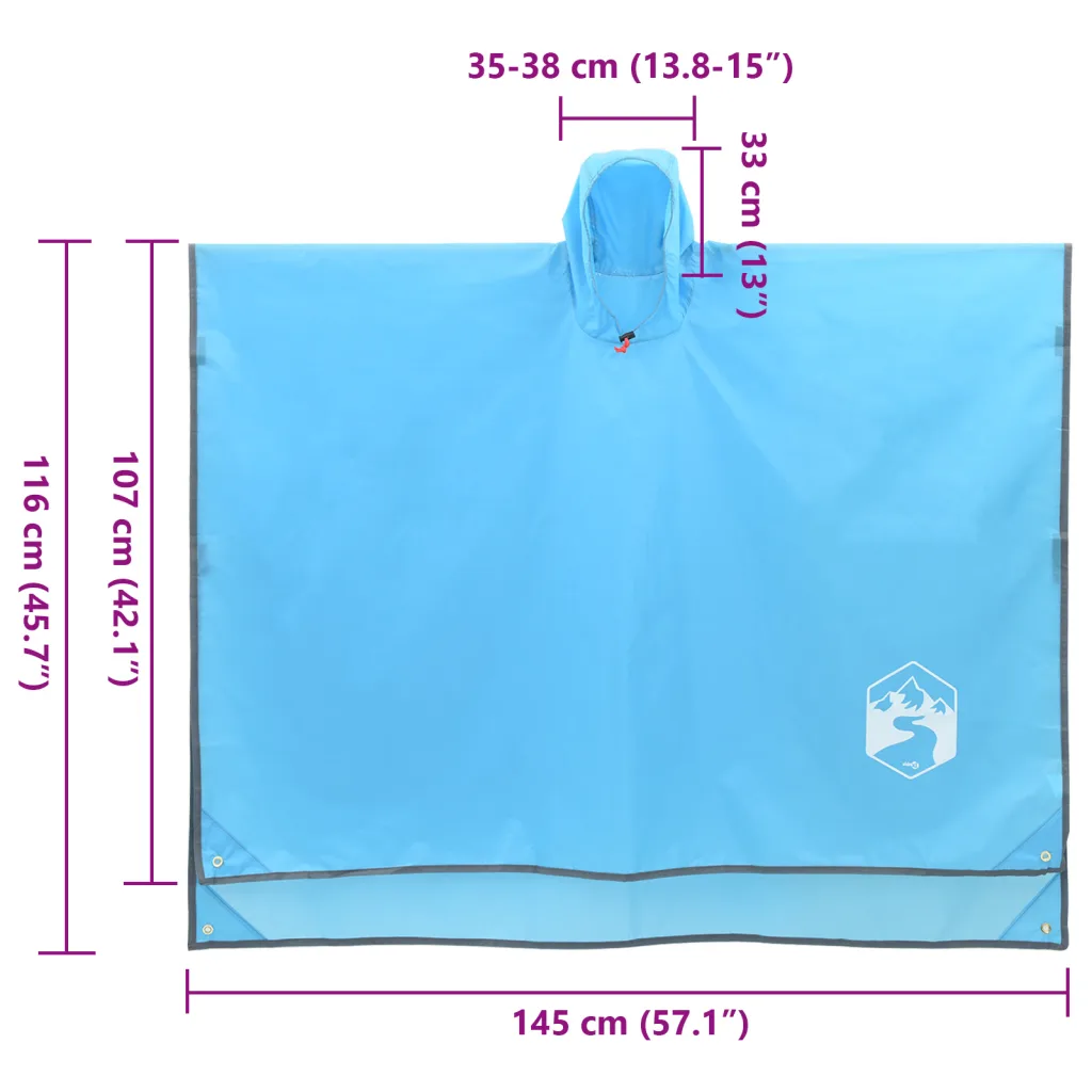Kapuutsiga kaks-ühes vihmakeep ja piknikutekk, sinine, 223 x 145 cm